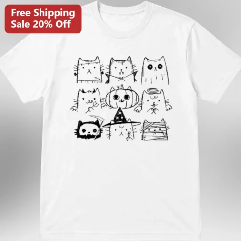 Halloween Cat Costumes Graphic Tee Spooky Cute Witch Vampire Ghost Kitty Shirt Gift for Cat Lovers
