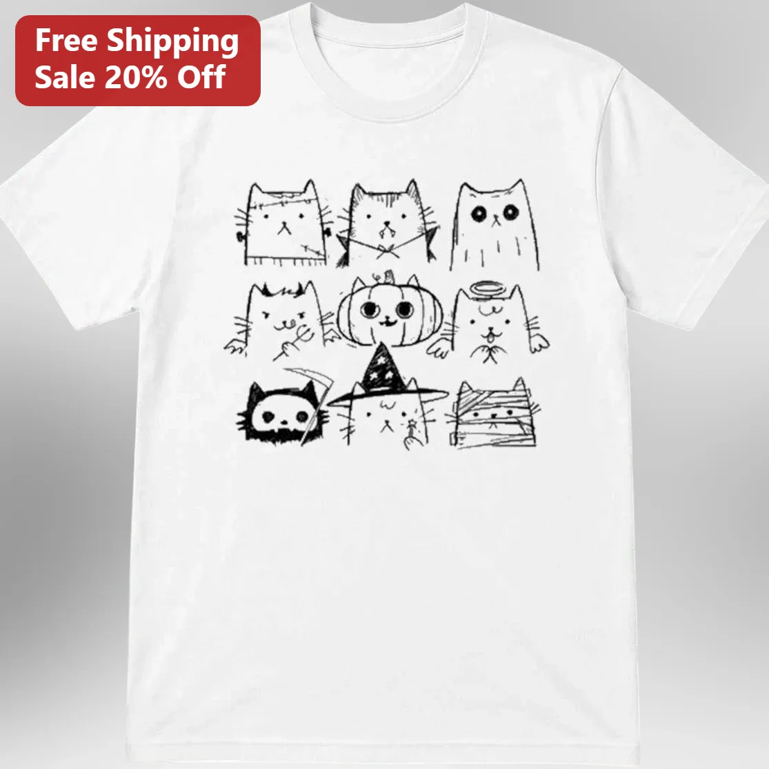 Halloween Cat Costumes Graphic Tee Spooky Cute Witch Vampire Ghost Kitty Shirt Gift for Cat Lovers