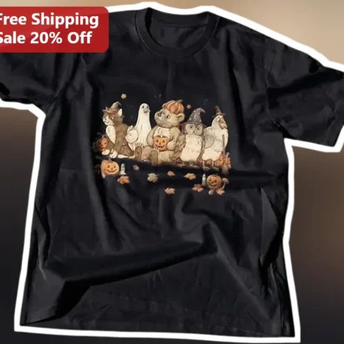 Halloween Cat Ghost Owl Pumpkin Graphic Tee Cute Spooky Animal Shirt for Fall Party Gift