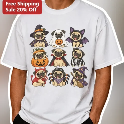 Halloween Costumed Pugs Grid Tee Cute Funny Dog Lover Gift Shirt