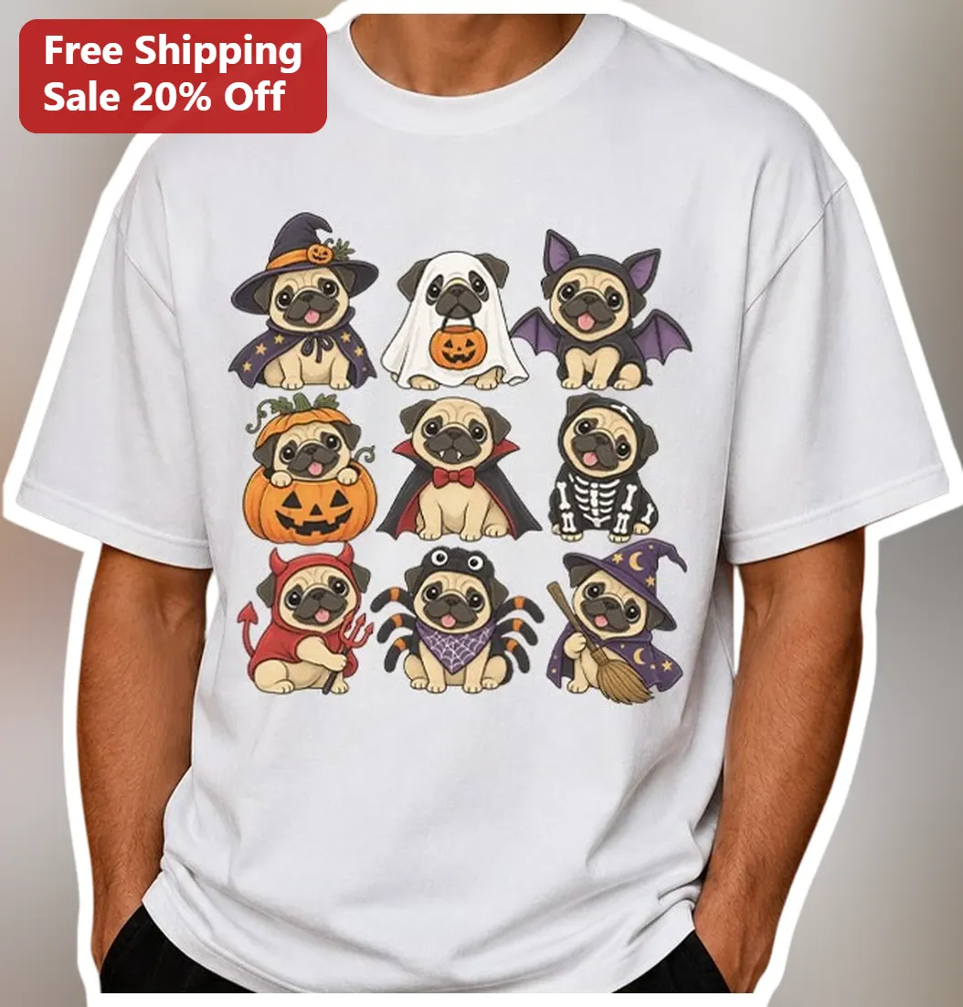 Halloween Costumed Pugs Grid Tee Cute Funny Dog Lover Gift Shirt available at our Chicago, Illinois warehouse