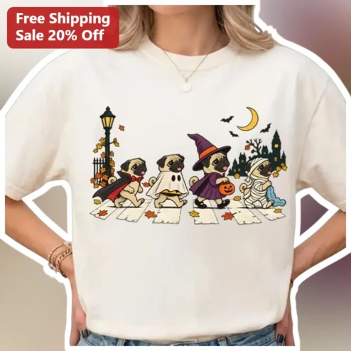 Halloween Pug Abbey Road Crosswalk Tee Funny Beatles Parody Dog Costume Shirt Gift for Men Women