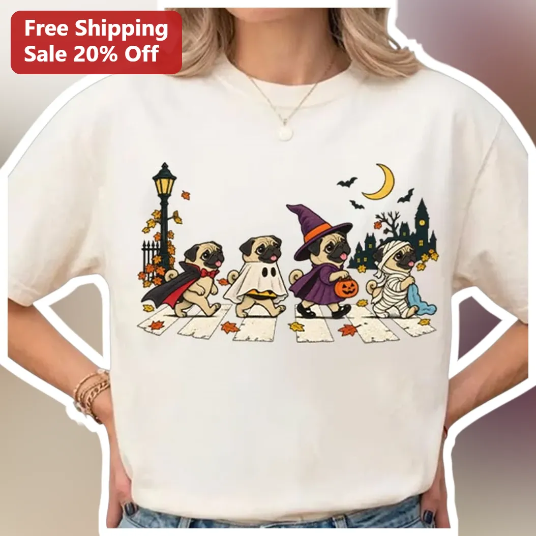 Halloween Pug Abbey Road Crosswalk Tee Funny Beatles Parody Dog Costume Shirt Gift for Men Women available at our Chicago, Illinois warehouse