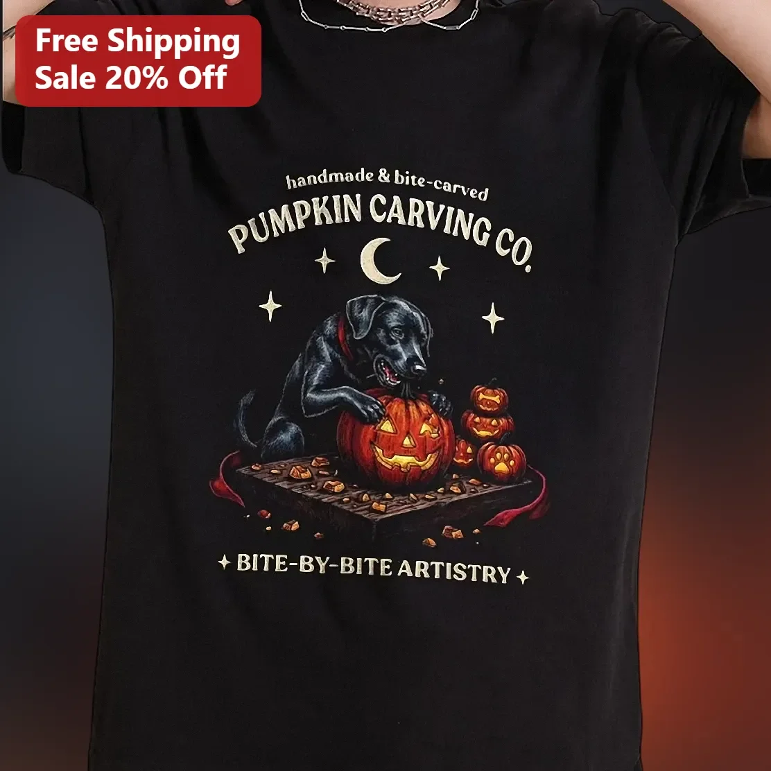 Handmade Bite-Carved Pumpkin Dog Vintage Halloween Graphic Tee