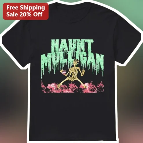 Haunt Mulligan Tee Halloween Skeleton Drinking Graphic Shirt Funny Spooky Vintage Distressed Cotton Top
