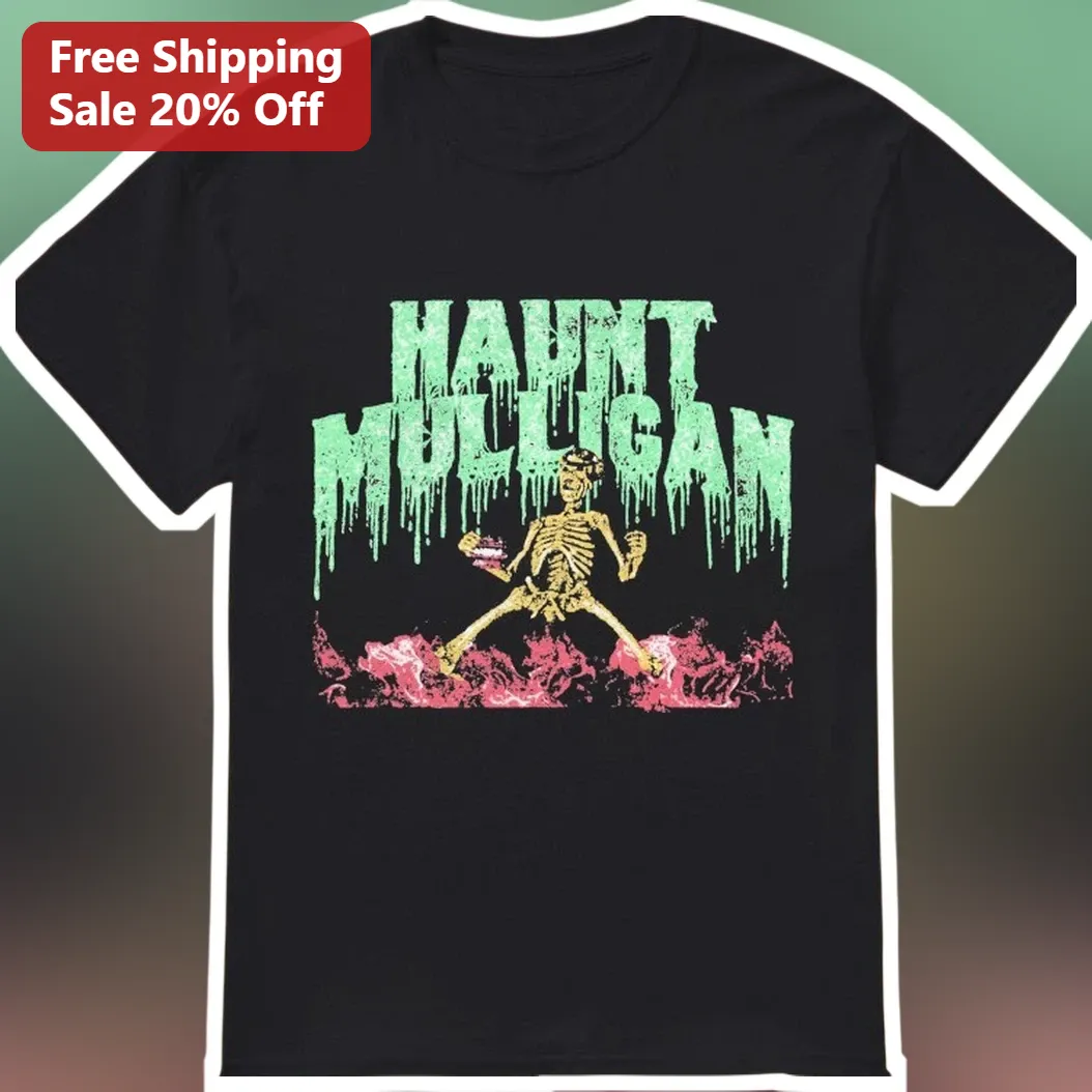 Haunt Mulligan Tee Halloween Skeleton Drinking Graphic Shirt Funny Spooky Vintage Distressed Cotton Top