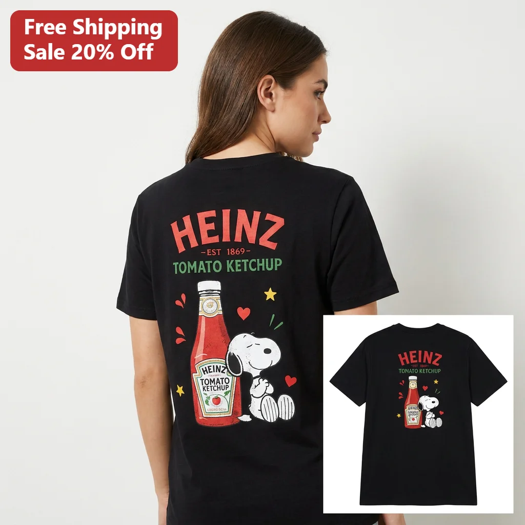 Heinz Est Tomato Ketchup Snoopy Graphic Tee Vintage Peanuts Cartoon Collab Gift