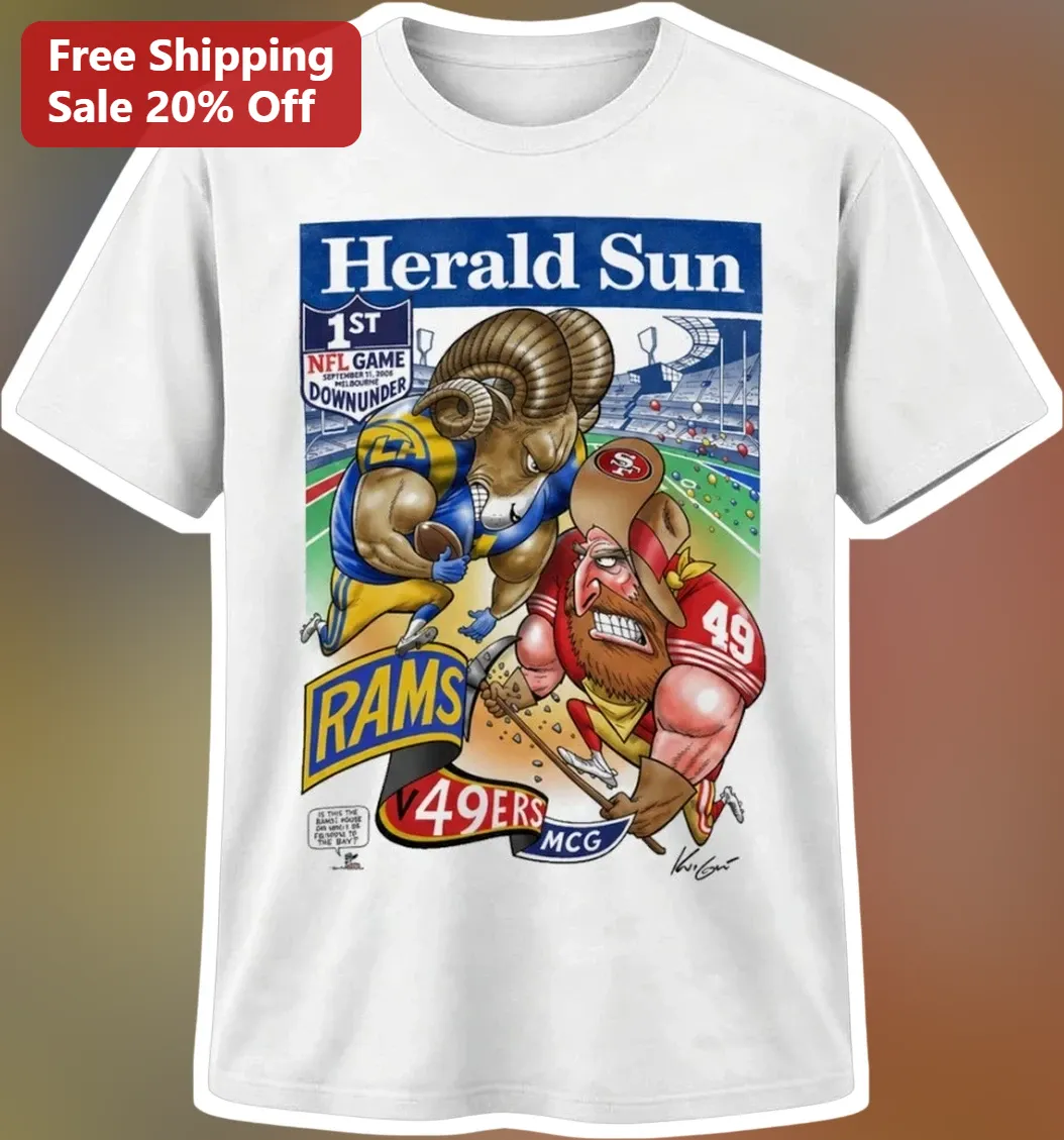 Herald Sun Rams vs 49ers Tee Vintage MCG NFL Game Down Under Souvenir Shirt