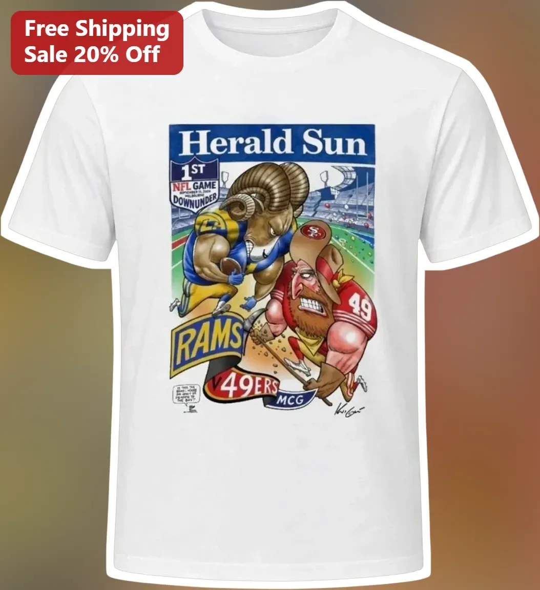 Herald Sun Rams vs 49ers Vintage Newspaper Graphic Tee NFL Melbourne Souvenir Shirt