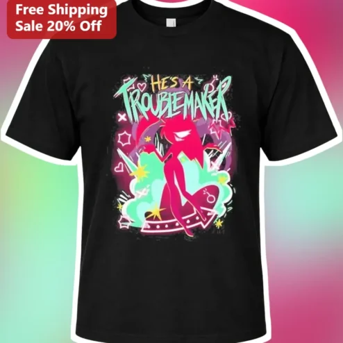 HES A TROUBLEMAKER Neon Devil Girl Graphic Tee for Women Funny Relationship Gift