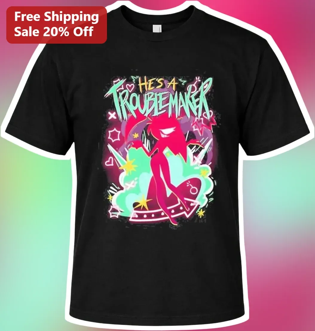 HES A TROUBLEMAKER Neon Devil Girl Graphic Tee for Women Funny Relationship Gift