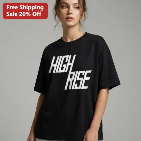 High Rise Tee Urban Streetwear Graphic T-Shirt for Men and Women, Minimalist Modern Typography Black Shirt