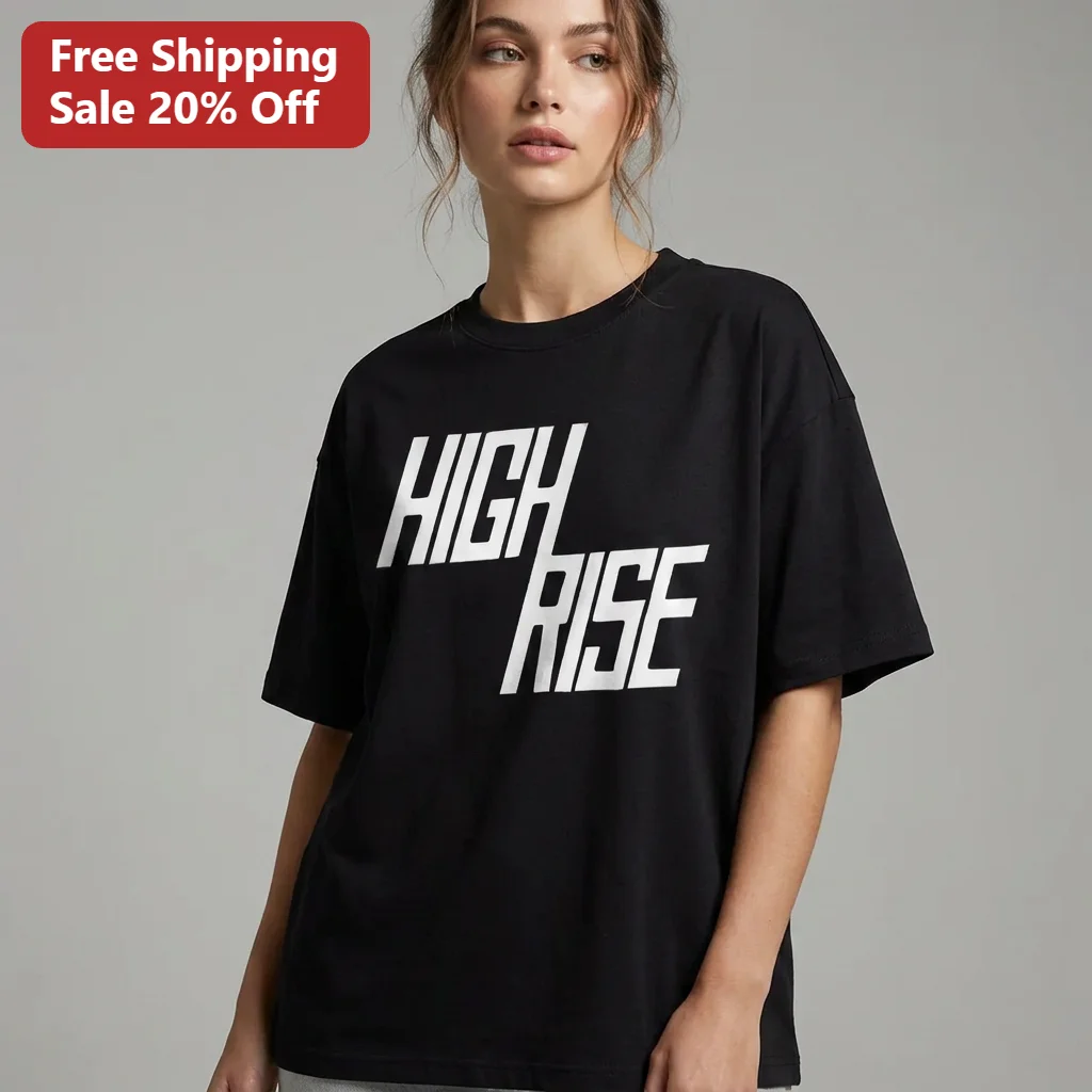High Rise Tee Urban Streetwear Graphic T-Shirt for Men and Women, Minimalist Modern Typography Black Shirt