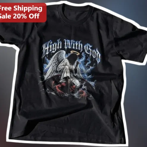 High With God Tee Christian Faith Graphic Shirt Angel Wings Gospel Music Apparel Unisex Black Cotton