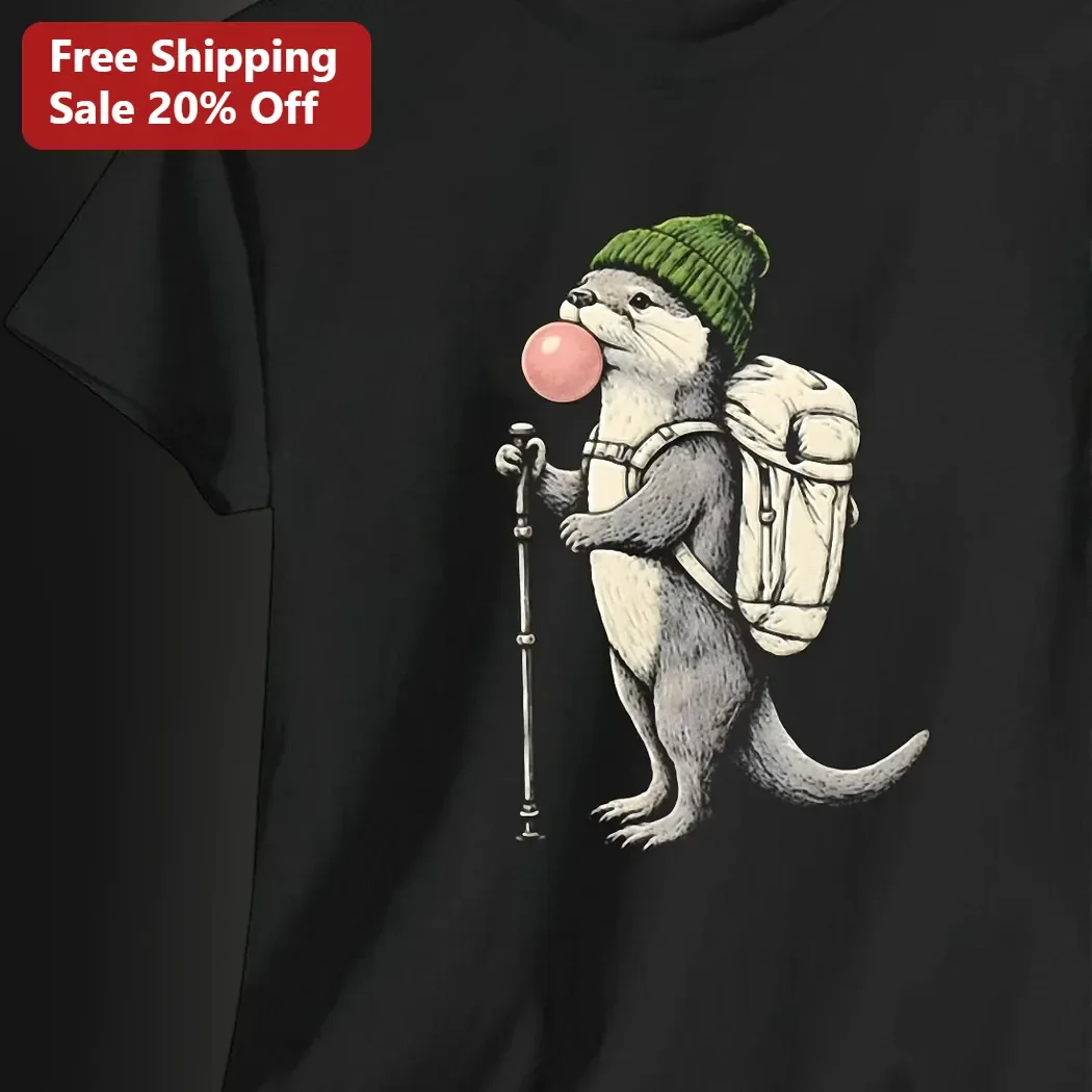 Hiking Otter Bubblegum Graphic Tee Cute Animal Lover Gift