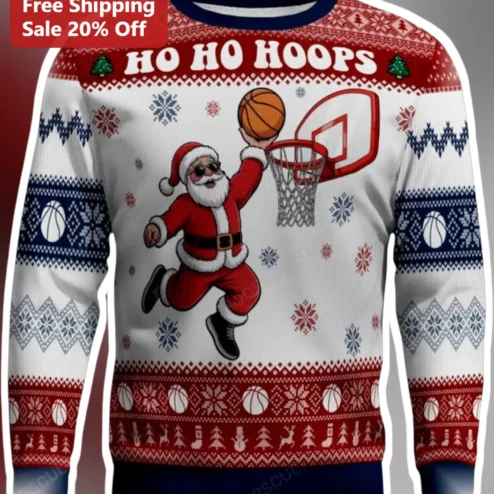 HO HO HOOPS Sweatshirt Santa Claus Basketball Slam Dunk Ugly Christmas Sweater Style Crewneck Gift for Men Women