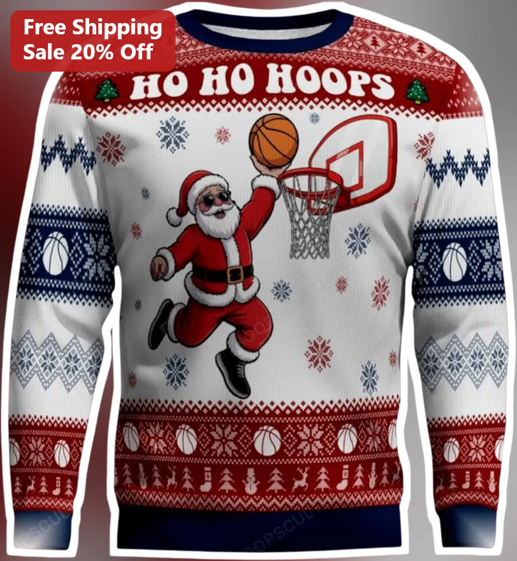 HO HO HOOPS Sweatshirt Santa Claus Basketball Slam Dunk Ugly Christmas Sweater Style Crewneck Gift for Men Women