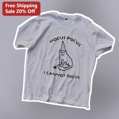 Hocus Pocus I Cannot Focus Wizard Cat Graphic Tee Halloween Gift for Women Men