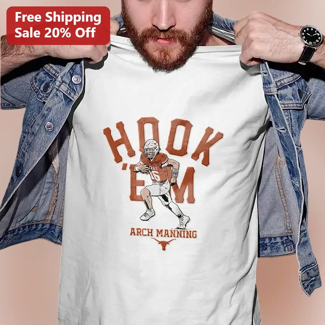 Hook 'Em Texas Longhorns Vintage Football Player Graphic Tee for Men Women College Fans