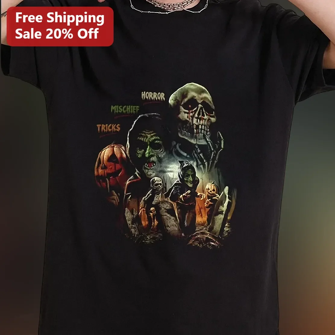 Horror Mischief Tricks Graphic Tee Spooky Season Halloween Skull Zombie Shirt