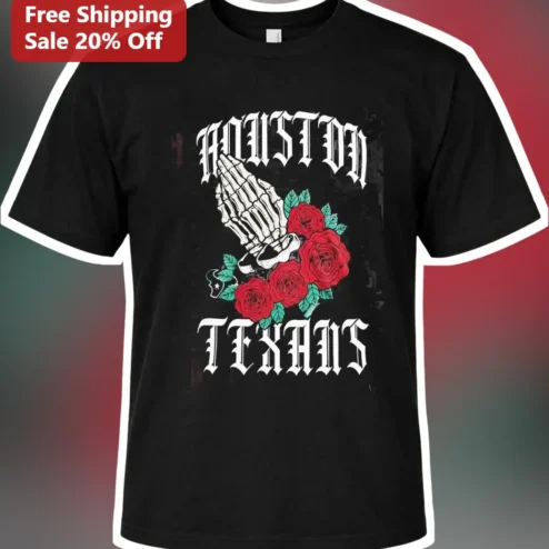 Houston Texans Gothic Skeleton Hands Praying Roses Graphic Tee NFL Football Fan Apparel