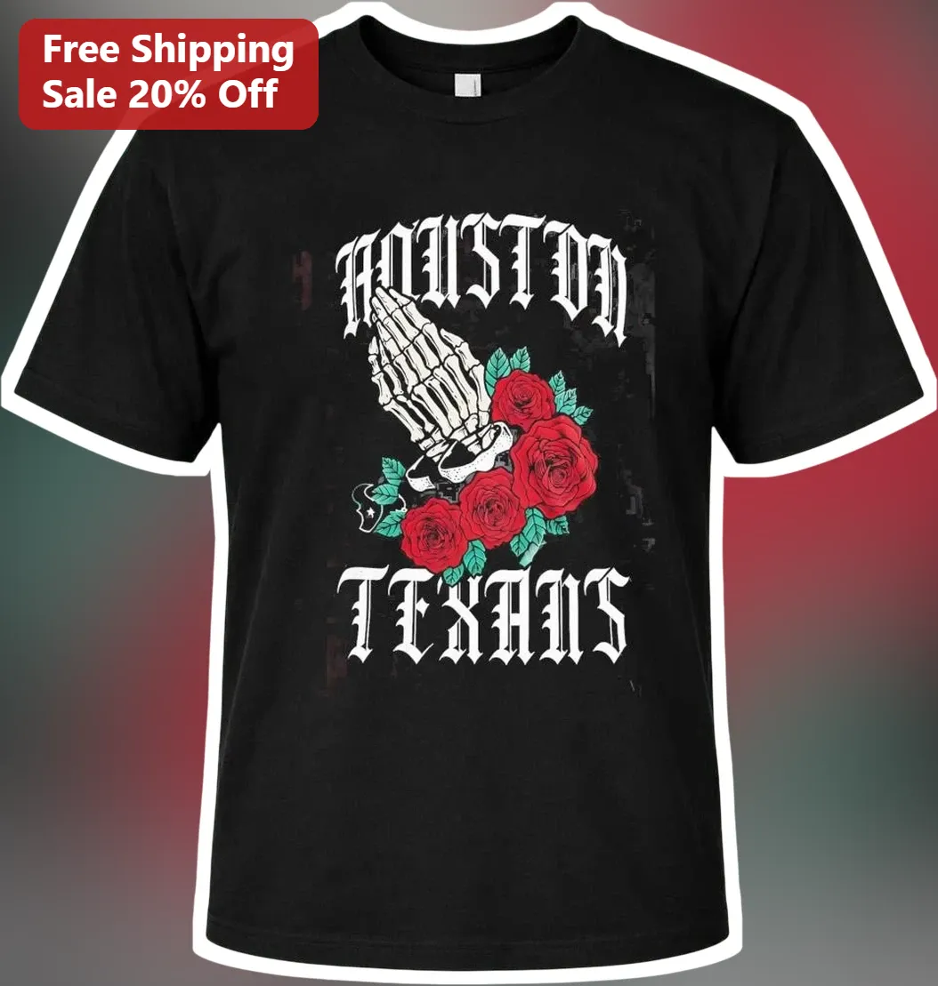 Houston Texans Gothic Skeleton Hands Praying Roses Graphic Tee NFL Football Fan Apparel