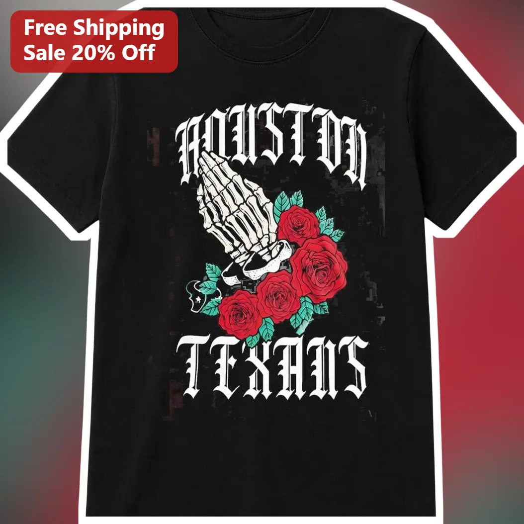 Houston Texans Gothic Skeleton Praying Hands Rosary Tee Black Vintage NFL Fan Shirt