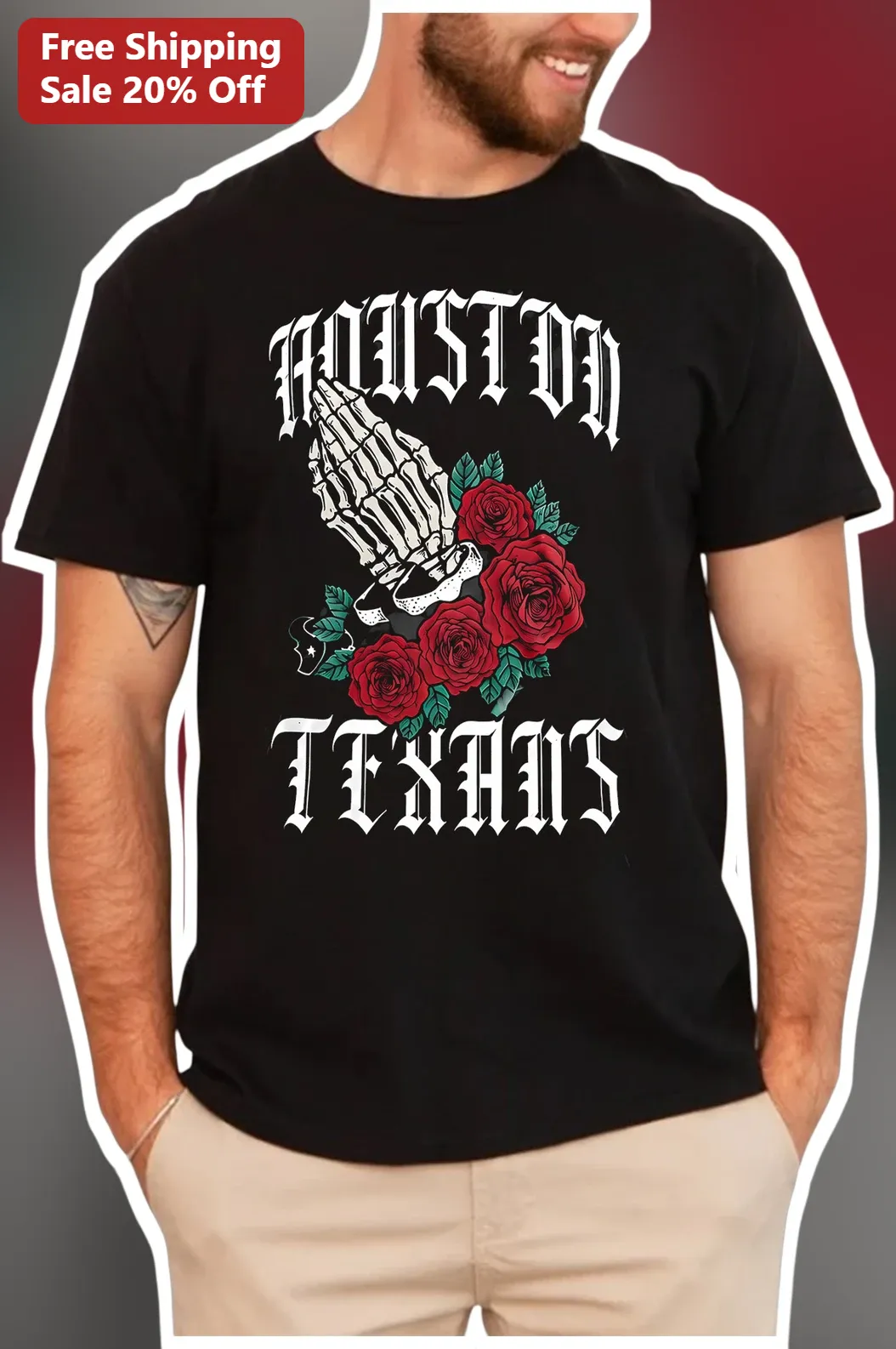 Houston Texans Gothic Tattoo Style Skeletal Hands Graphic Tee for Men Women NFL Fans