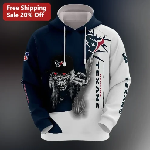 Houston Texans Hoodie Iron Maiden Eddie Skeleton Mascot NFL Football Fan Gear