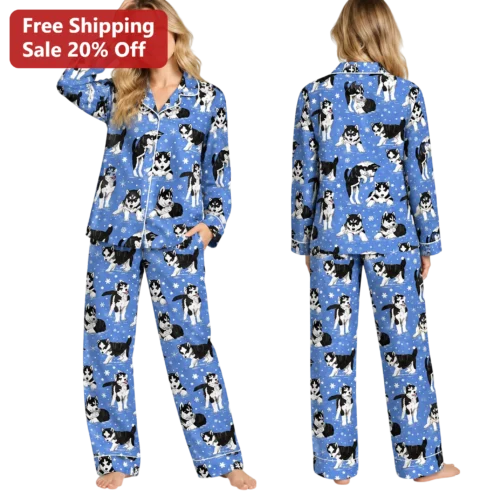 Husky Dog Print Pajamas Siberian Husky Pajama Set for Women Men Cozy Winter Sleepwear
