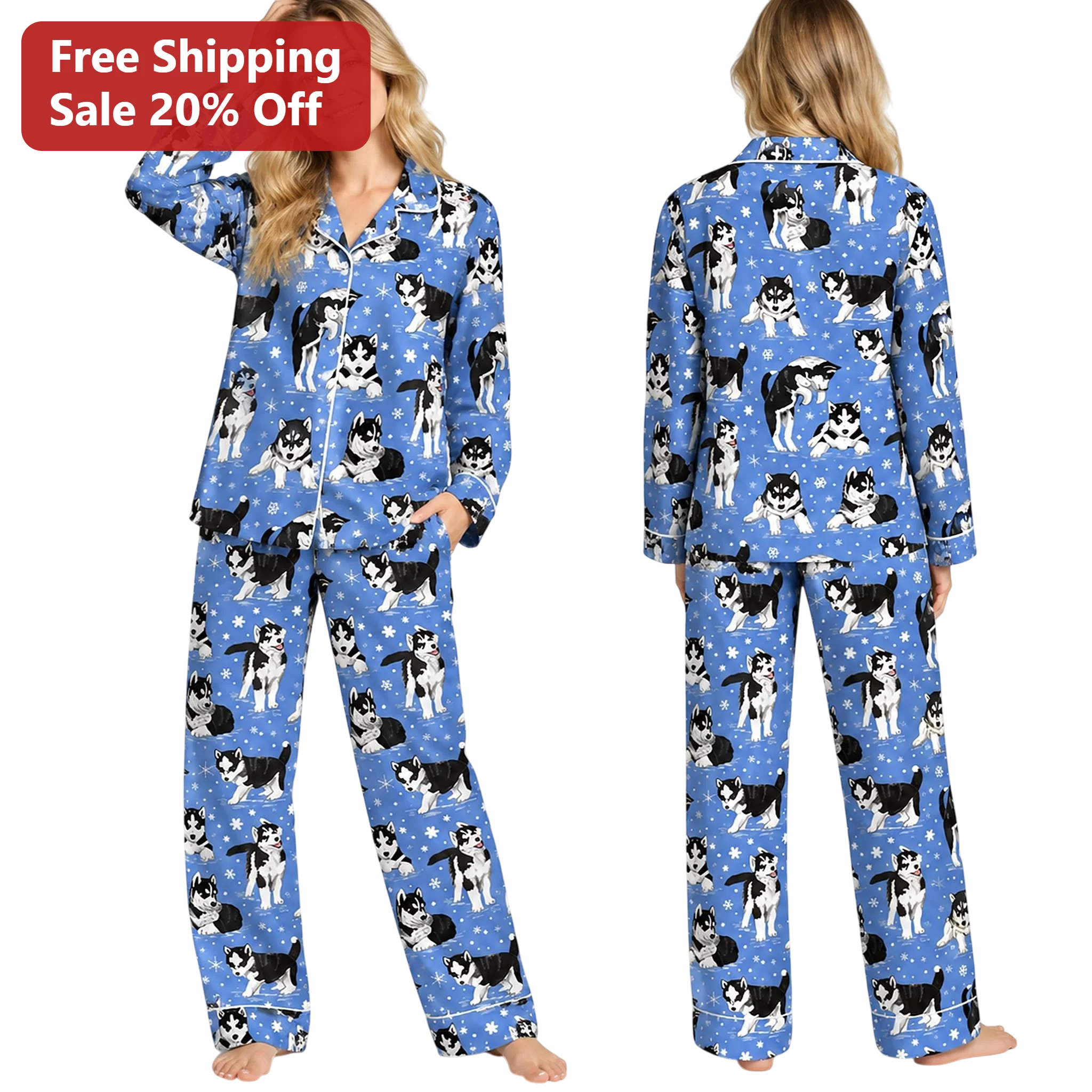 Husky Dog Print Pajamas Siberian Husky Pajama Set for Women Men Cozy Winter Sleepwear