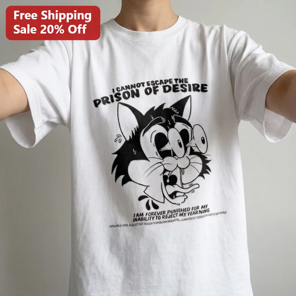 I Cannot Escape the Prison of Desire Tee, Retro Cartoon Cat Ironic Meme Graphic Tee, Forever Punished for Yearning