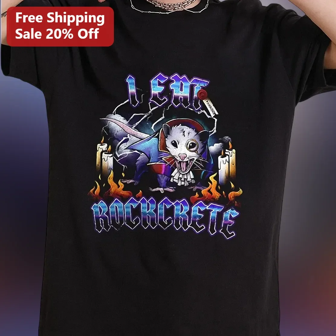 I EAT ROCKCRETE Vampire Opossum Gothic Humor Tee Warhammer 40k Parody Gift