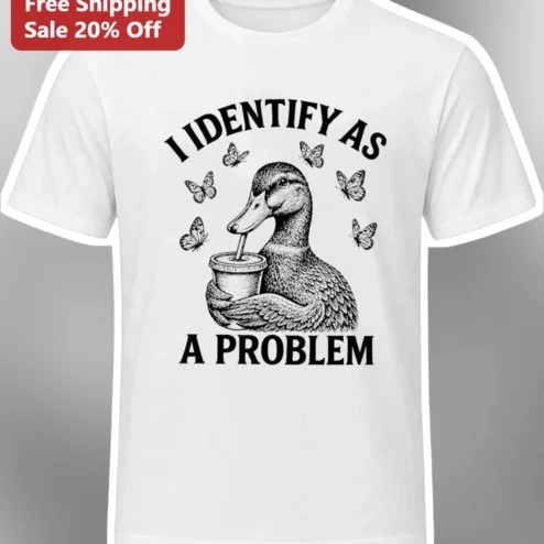 I Identify As A Problem Funny Sarcastic Duck Graphic Tee Vintage Engraving Style