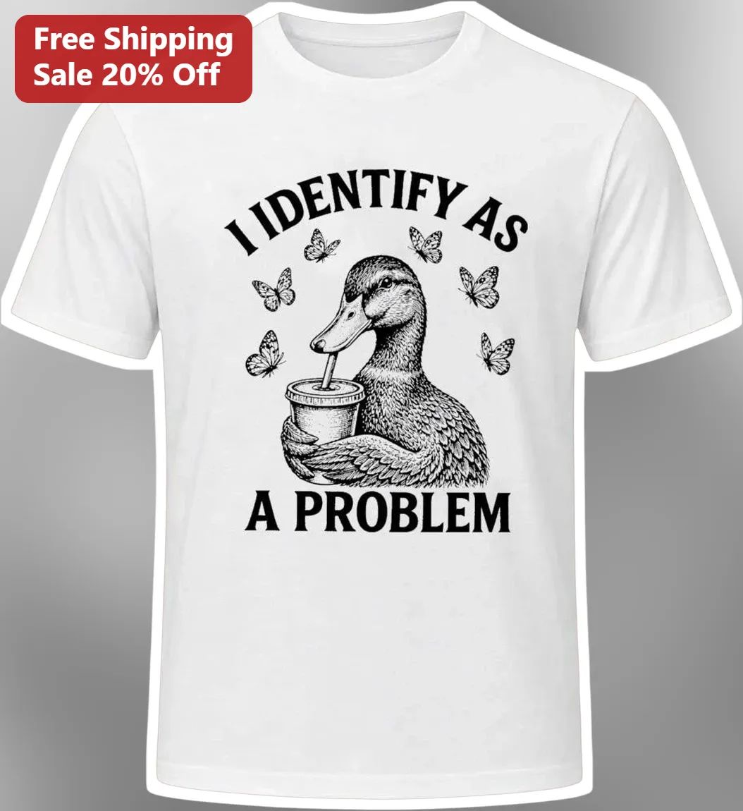 I Identify As A Problem Funny Sarcastic Duck Graphic Tee Vintage Engraving Style