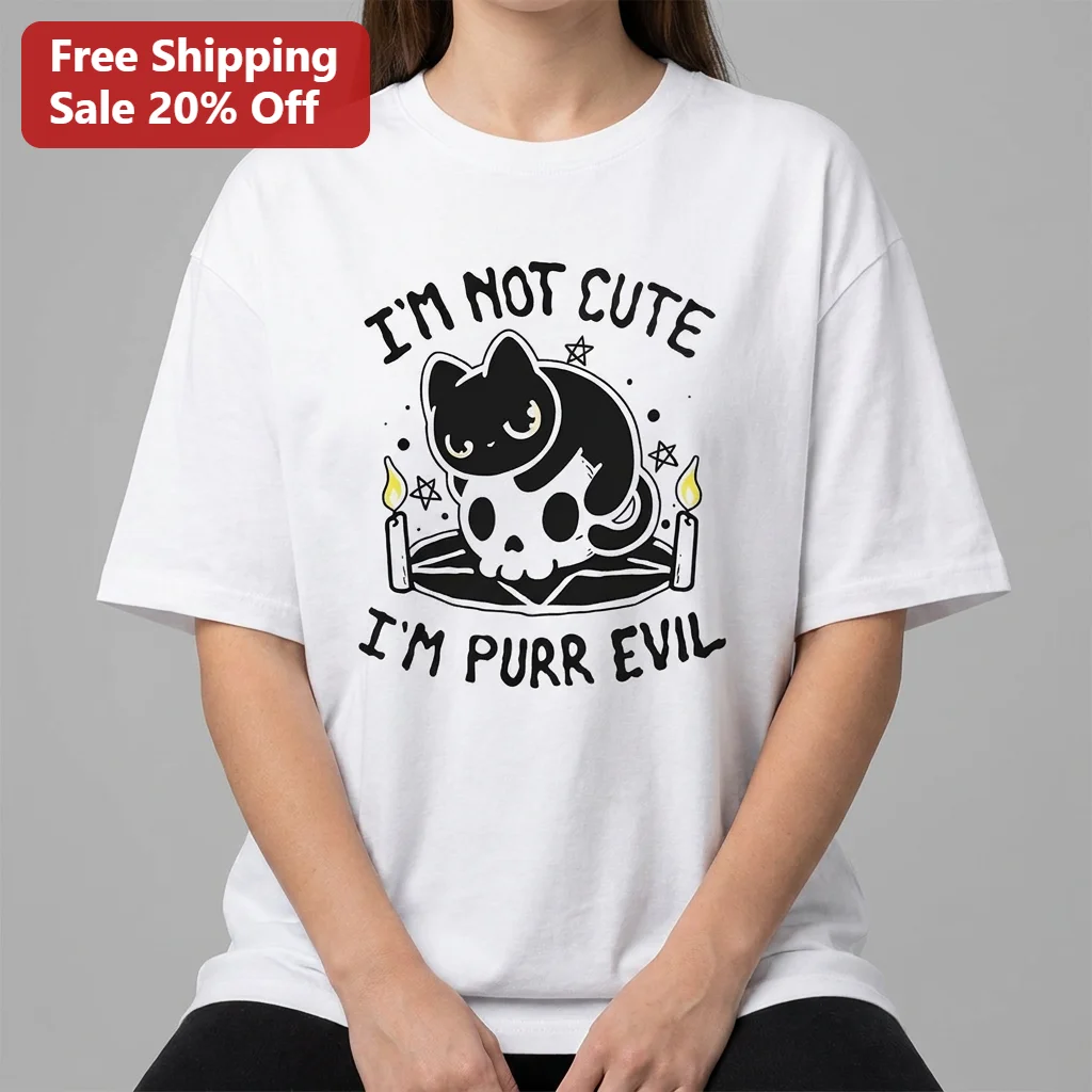 I'm Not Cute I'm Purr Evil Tee Spooky Black Cat Skull Goth Halloween Graphic Shirt Gift