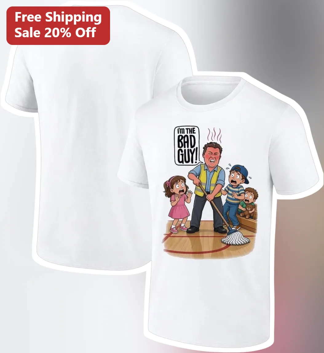 I'M THE BAD GUY! Funny Janitor Cartoon Graphic Tee for School Staff Custodians