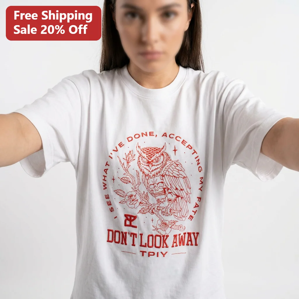 I See What I've Done Accepting My Fate Don't Look Away Tee Gothic Owl Skull Occult Graphic Shirt for Goth Streetwear