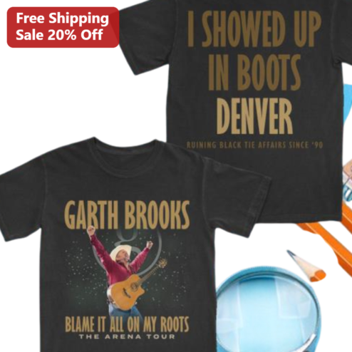 I Showed Up in Boots Denver Garth Brooks Concert Tee, Blame It All On My Roots Arena Tour Country Music Shirt