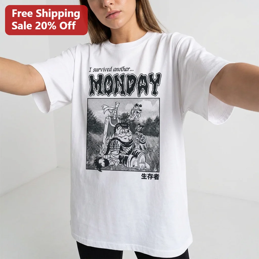 I Survived Another Monday Garfield Samurai Manga Tee Funny Anime Cat Warrior Graphic Shirt