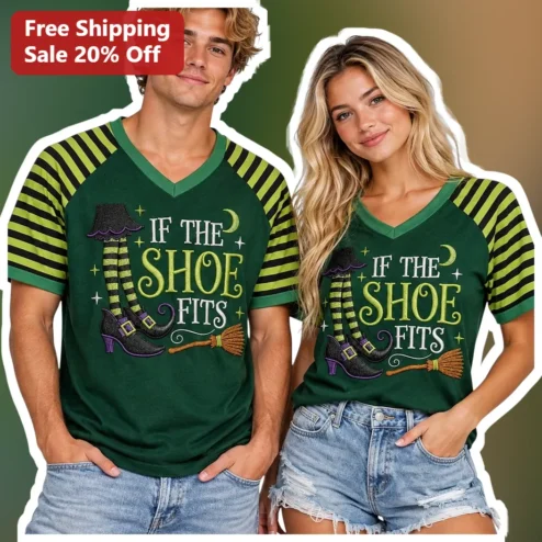 If The Shoe Fits Wear It Witch Halloween Graphic Tee Funny Spooky Couple Shirt