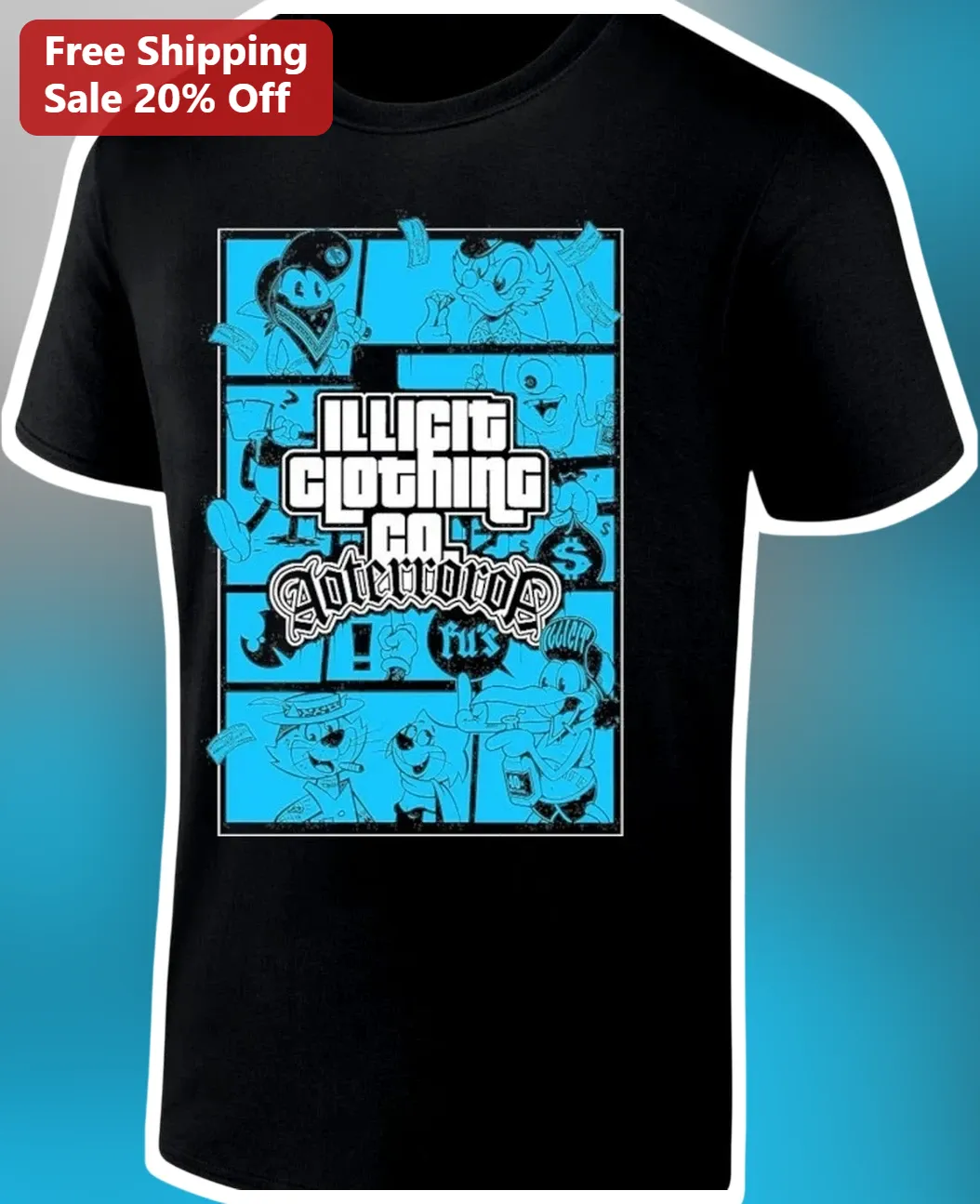 Illicit Clothing Co. Streetwear Graphic Tee Black Urban Hip Hop Cartoon Shirt