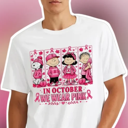 In October We Wear Pink Breast Cancer Awareness Halloween Pumpkin Graphic Tee
