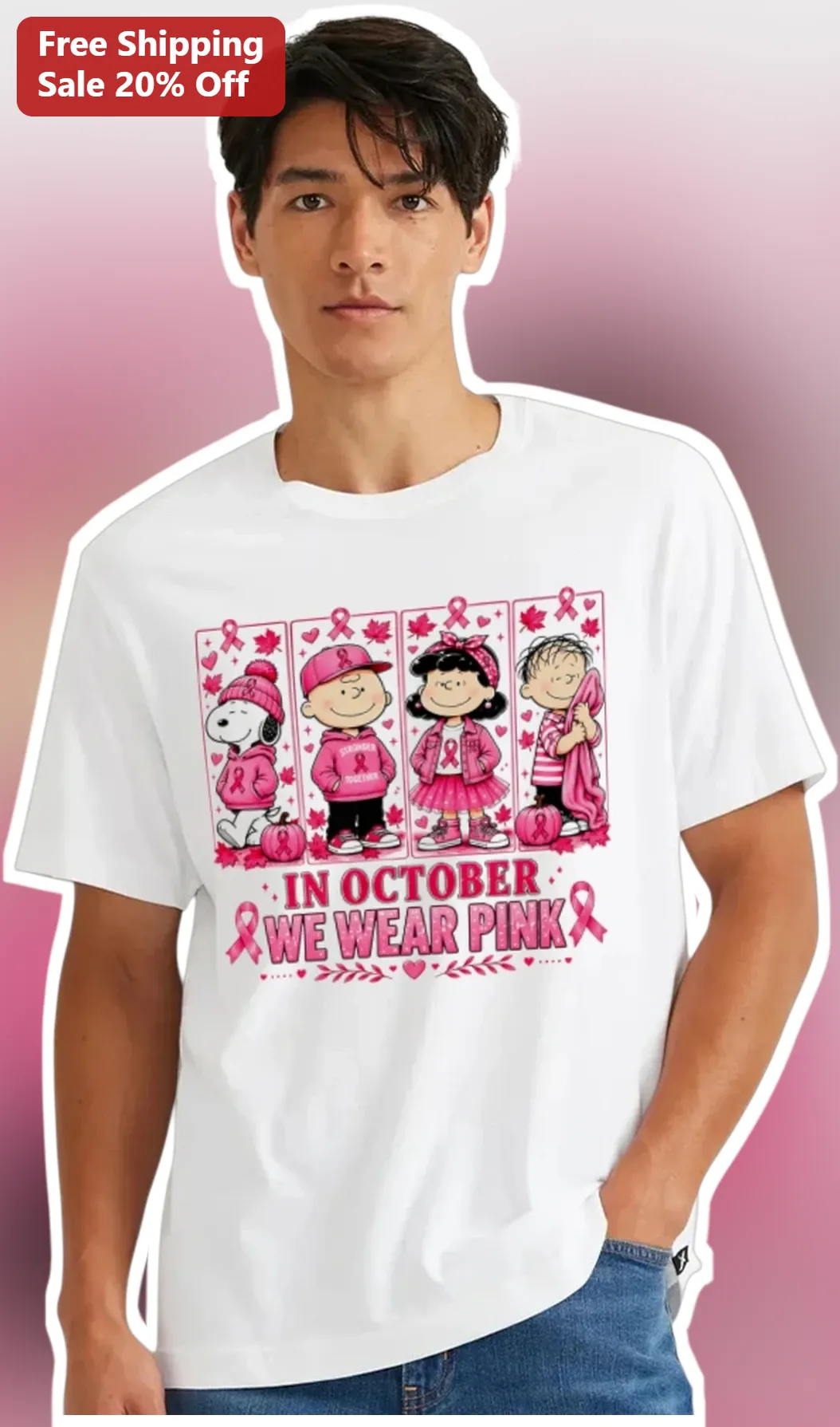In October We Wear Pink Breast Cancer Awareness Halloween Pumpkin Graphic Tee