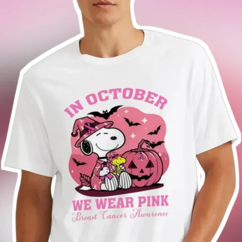 In October We Wear Pink Breast Cancer Awareness Snoopy Tee Halloween Peanuts Gift