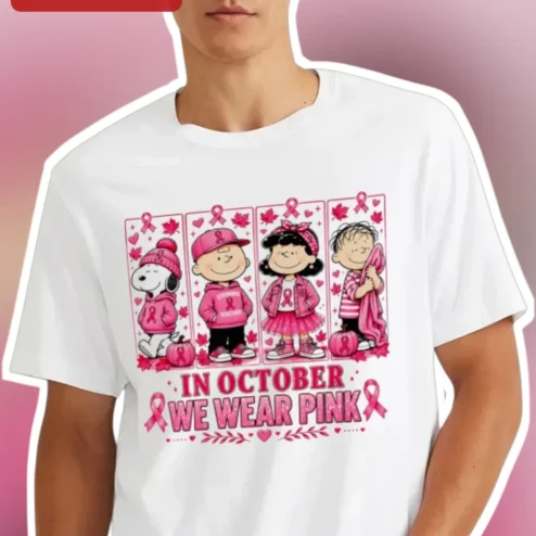 In October We Wear Pink Peanuts Characters Breast Cancer Awareness Tee