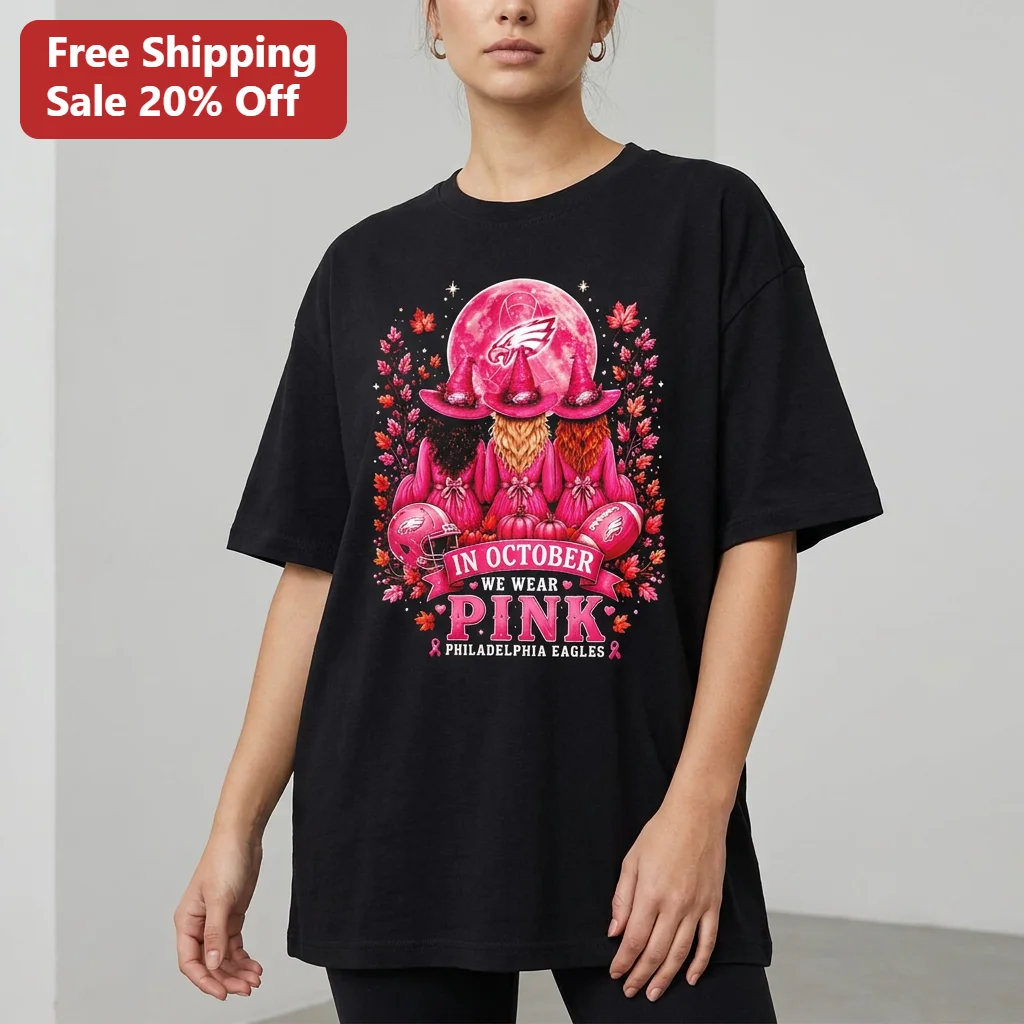 In October We Wear Pink Philadelphia Eagles Halloween Witches Tee, Breast Cancer Awareness Pink Ribbon Football Fan Shirt