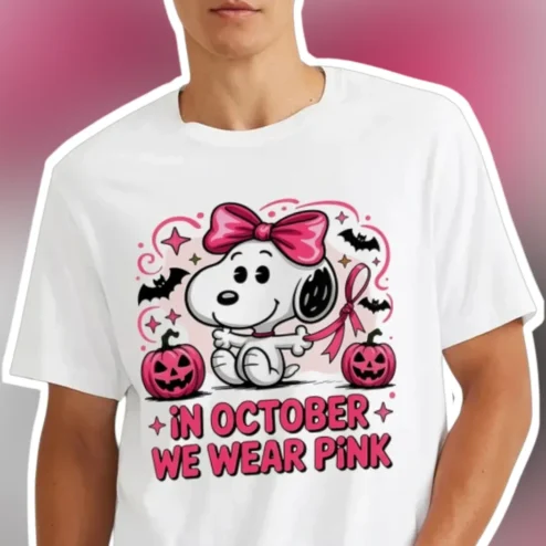 In October We Wear Pink Snoopy Breast Cancer Awareness Halloween Tee