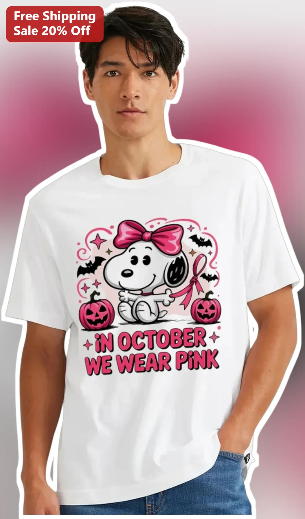 In October We Wear Pink Snoopy Breast Cancer Awareness Halloween Tee