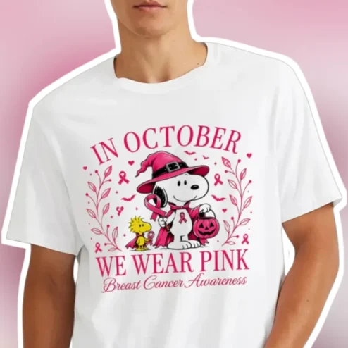 In October We Wear Pink Snoopy Breast Cancer Awareness Tee Halloween Peanuts Gift